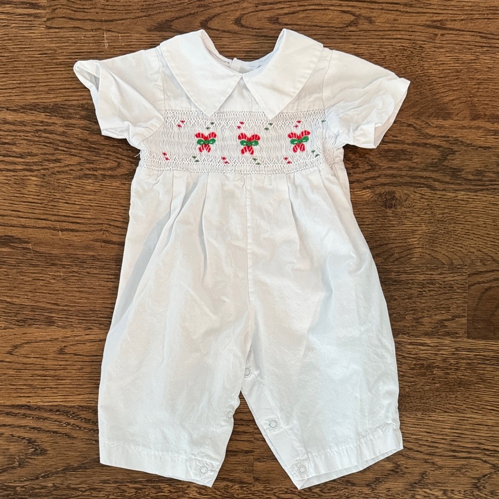White Smocked Embroidered Candy Cane Romper Fantaisie Kids